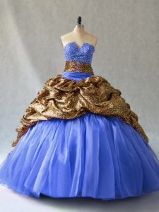Best Selling Sleeveless Organza and Printed Brush Train Lace Up Sweet 16 Dresses in Blue with Beading and Pick Ups