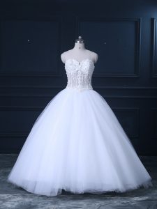 Exquisite Sweetheart Sleeveless Tulle Wedding Gown Beading Brush Train Lace Up