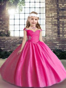 Hot Pink Straps Neckline Beading Little Girls Pageant Gowns Sleeveless Lace Up
