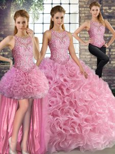 Affordable Rose Pink Sleeveless Fabric With Rolling Flowers Lace Up Sweet 16 Dress for Military Ball and Sweet 16 and Quinceanera