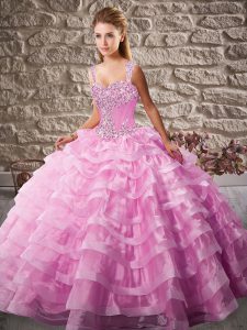 Enchanting Pink Organza Lace Up Straps Sleeveless Floor Length Quinceanera Dress Court Train Beading and Ruffled Layers