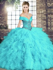 Shining Aqua Blue Lace Up 15 Quinceanera Dress Beading and Ruffles Sleeveless Floor Length