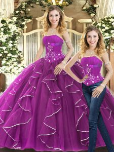 Smart Sleeveless Tulle Lace Up Sweet 16 Dress in Purple with Beading and Ruffles