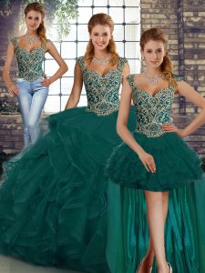 Sleeveless Tulle Floor Length Lace Up 15 Quinceanera Dress in Peacock Green with Beading and Ruffles