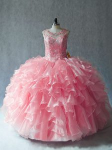 Customized Pink Sleeveless Organza Lace Up Quinceanera Dress for Sweet 16 and Quinceanera