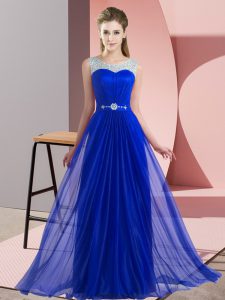 Graceful Empire Bridesmaid Gown Royal Blue Scoop Chiffon Sleeveless Floor Length Lace Up