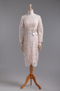 High-neck Long Sleeves Dress for Prom Tea Length Lace and Belt Champagne Lace