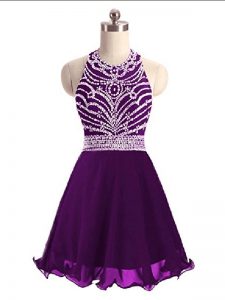 Cheap Eggplant Purple A-line Beading Prom Dress Lace Up Chiffon Sleeveless Mini Length