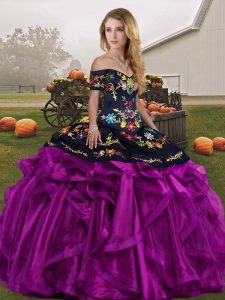 Embroidery and Ruffles Sweet 16 Dress Black And Purple Lace Up Sleeveless Floor Length