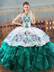 Turquoise Quinceanera Gowns Sweet 16 and Quinceanera with Embroidery and Ruffles Halter Top Sleeveless Lace Up