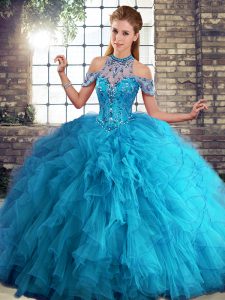 Super Blue Tulle Lace Up Quinceanera Dress Sleeveless Floor Length Beading and Ruffles