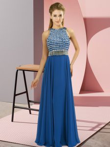 Empire Prom Gown Blue Scoop Chiffon Sleeveless Floor Length Side Zipper