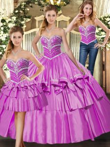 Sleeveless Floor Length Beading and Ruffled Layers Lace Up Sweet 16 Dress with Lilac