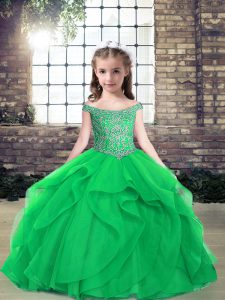 Green Sleeveless Floor Length Beading Lace Up Little Girls Pageant Dress Wholesale