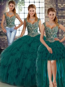 Peacock Green Organza Lace Up Straps Sleeveless Floor Length Quinceanera Dress Beading and Ruffles