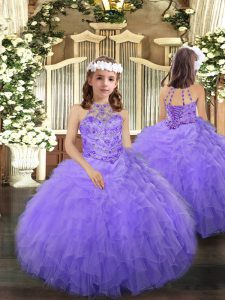Cheap Floor Length Lavender Little Girls Pageant Gowns Tulle Sleeveless Beading and Ruffles