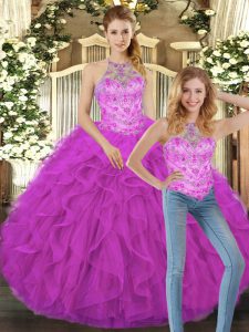 Floor Length Two Pieces Sleeveless Fuchsia Sweet 16 Dresses Lace Up