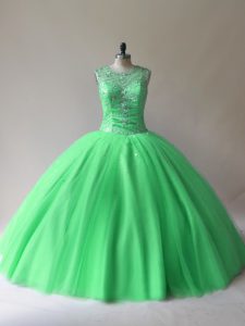 Gorgeous Tulle Scoop Sleeveless Lace Up Beading Sweet 16 Quinceanera Dress in Green