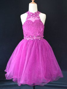Fuchsia Halter Top Lace Up Beading and Lace Kids Pageant Dress Sleeveless