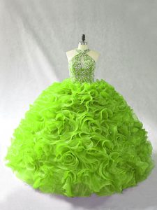 Custom Made Ball Gowns Halter Top Sleeveless Organza Floor Length Lace Up Beading and Ruffles Sweet 16 Dresses