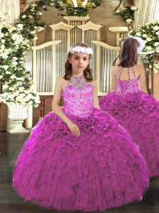 Fuchsia Ball Gowns Tulle Halter Top Sleeveless Beading and Ruffles Floor Length Lace Up Pageant Gowns For Girls