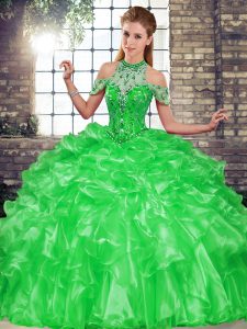 Elegant Ball Gowns Sweet 16 Quinceanera Dress Green Halter Top Organza Sleeveless Floor Length Lace Up