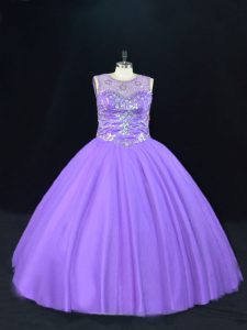 Lavender Ball Gowns Tulle Scoop Sleeveless Beading Floor Length Lace Up Sweet 16 Quinceanera Dress