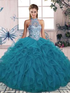 Teal Tulle Lace Up Halter Top Sleeveless Floor Length Ball Gown Prom Dress Beading and Ruffles