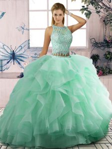 Apple Green Scoop Neckline Beading and Ruffles Ball Gown Prom Dress Sleeveless Lace Up