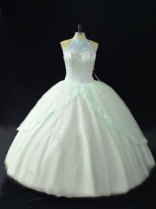 Clearance Sleeveless Floor Length Beading Lace Up Sweet 16 Quinceanera Dress with Apple Green