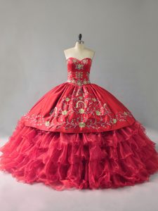 Suitable Floor Length Red Sweet 16 Quinceanera Dress Organza Sleeveless Embroidery and Ruffles