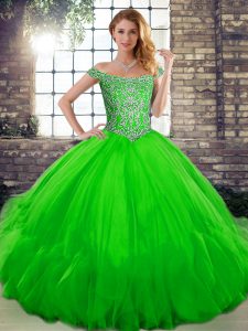 Green Tulle Lace Up Sweet 16 Dress Sleeveless Floor Length Beading and Ruffles
