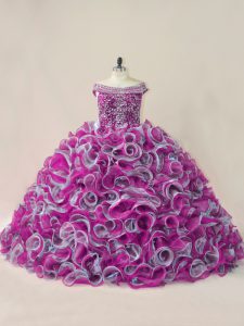 Hot Sale Off The Shoulder Sleeveless Organza Quinceanera Dresses Beading and Ruffles Brush Train Lace Up