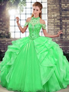 Sweet Halter Top Sleeveless Lace Up 15th Birthday Dress Green Organza