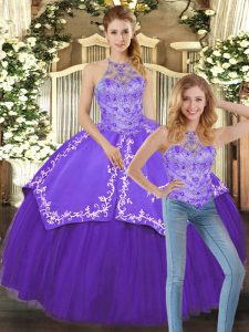 Modest Purple Halter Top Neckline Beading and Embroidery Quinceanera Gowns Sleeveless Lace Up