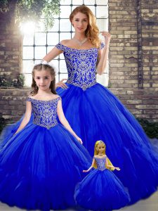 Royal Blue Tulle Lace Up Off The Shoulder Sleeveless Floor Length 15th Birthday Dress Beading and Ruffles