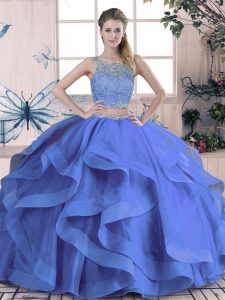 On Sale Scoop Sleeveless Lace Up Sweet 16 Quinceanera Dress Blue Tulle