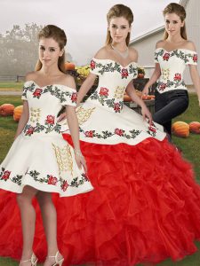 Sleeveless Floor Length Embroidery and Ruffles Lace Up 15 Quinceanera Dress with White And Red