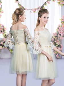 Traditional Mini Length Champagne Quinceanera Dama Dress Off The Shoulder 3 4 Length Sleeve Lace Up
