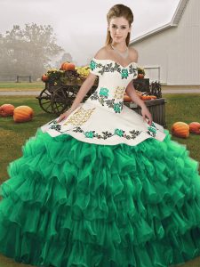 Artistic Turquoise Sleeveless Embroidery and Ruffled Layers Floor Length Quinceanera Dress