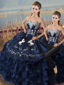 Navy Blue Lace Up Sweet 16 Dress Embroidery and Ruffles Sleeveless Floor Length