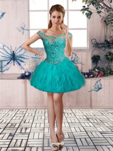 Turquoise Ball Gowns Off The Shoulder Sleeveless Tulle Mini Length Lace Up Beading and Ruffles Cocktail Dresses