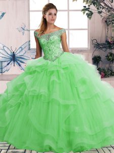 Colorful Green Off The Shoulder Lace Up Beading and Ruffles Quinceanera Gowns Sleeveless