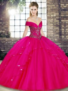 Floor Length Fuchsia Quinceanera Gowns Tulle Sleeveless Beading and Ruffles