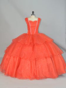 Hot Sale Ball Gowns Quinceanera Gowns Orange Red Straps Organza Sleeveless Floor Length Lace Up