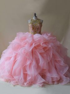 Custom Design Baby Pink Quinceanera Gown Scoop Sleeveless Brush Train Backless