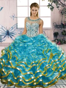 Lovely Blue Lace Up Scoop Beading and Ruffles Quinceanera Gown Organza Sleeveless