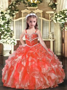 Admirable Orange Red Organza Lace Up Straps Sleeveless Floor Length Little Girl Pageant Dress Beading and Ruffles