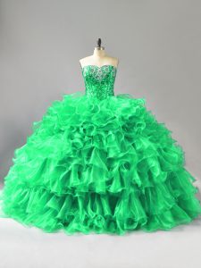 Eye-catching Green Ball Gowns Beading and Ruffles Quinceanera Gowns Lace Up Organza Sleeveless