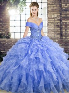Lavender Lace Up Off The Shoulder Beading and Ruffles Ball Gown Prom Dress Organza Sleeveless Brush Train